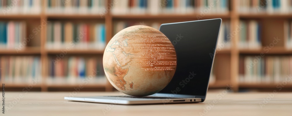 Poster a modern laptop with a globe emerging from it, symbolizing knowledge and global connectivity in a li