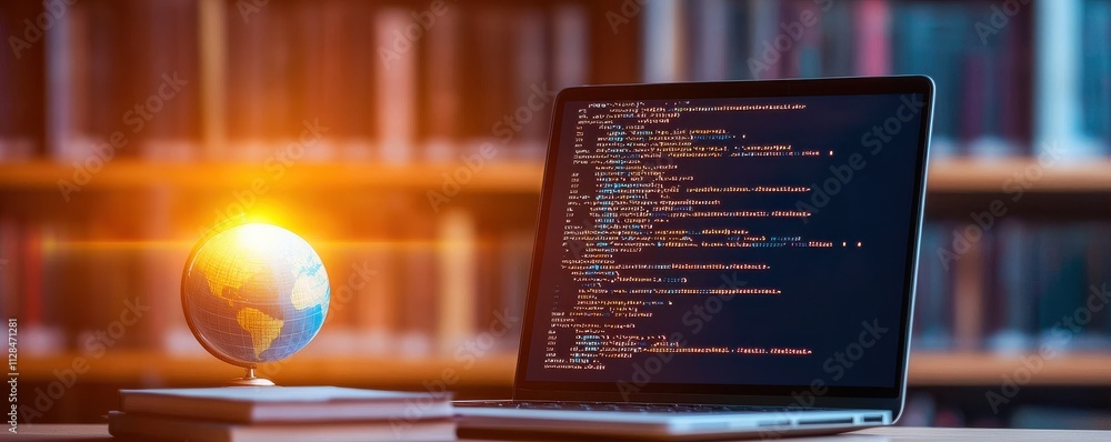 Poster a laptop displaying code beside a globe, illuminated by a warm light, set against a backdrop of book