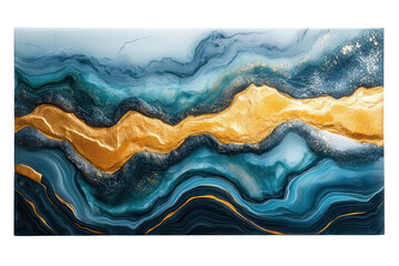 Abstract painting featuring blue and gold waves with dynamic textures and rich colors in a modern artistic style