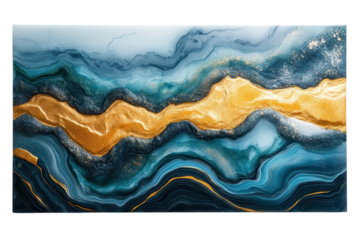 Abstract painting featuring blue and gold waves with dynamic textures and rich colors in a modern artistic style