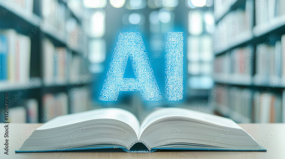 Poster ai: the future of learning: a glowing blue ai symbol hovers above an open book in a library, represe