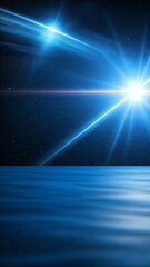 Bright lens flares on a dark blue gradient background with light reflecting onto rippled water.