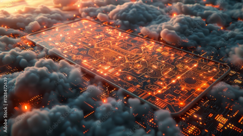Poster glowing circuit board in cloud computing concept.