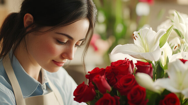 Smiling flower arranger creating a beautiful bouquet of roses and lilies