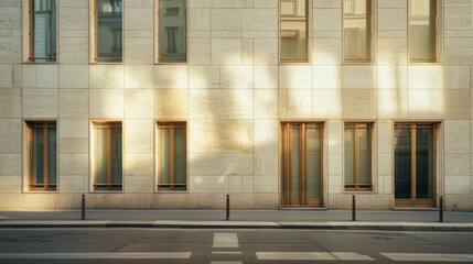 Parisian minimalist building, modern facade, full wall with windows and doors, warm sunlight, tranquil urban scene, no people visible.