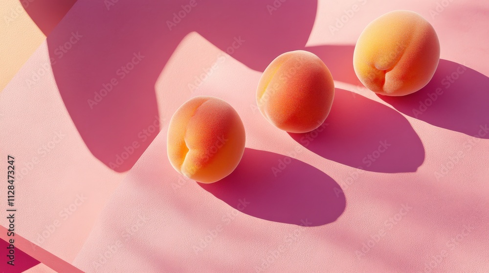 Poster fresh and juicy apricots displayed on a soft pink background with subtle shadows creating a playful 