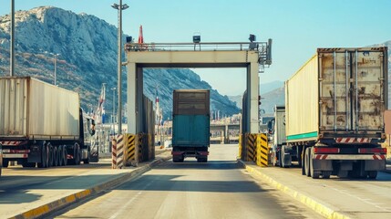 Naklejka premium Trucks Passing Through Customs Checkpoint at Border Inspection Area