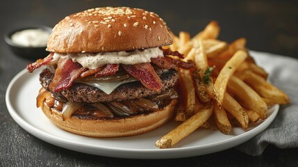 Delicious Gourmet Burger with Crispy Bacon and Fries on a Plate in a Rustic Setting