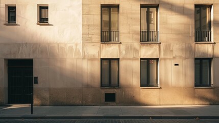 Parisian modern building, minimalist facade, facing a wall with windows and doors, warm sunlight, peaceful urban environment, no people around.
