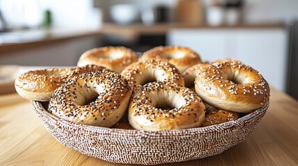 Freshly Baked Assorted Bagels with Sesame and Poppy Seeds in a Rustic Woven Basket on a Wooden Kitchen Table