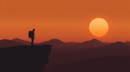 A silhouette of a person with a backpack standing on a cliff, gazing at distant mountains and a rising sun. Minimalist hiker at sunset.