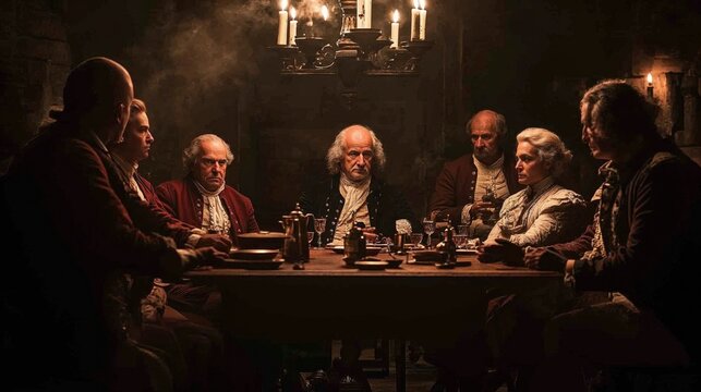 Historical reenactment of 18th century meeting lit by candlelight. Atmospheric scene with period-dressed figures gathered around table depicting colonial era gathering