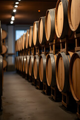 Oak barrels for wine or cognac storage, neatly stacked in a cool cellar of a distillery. Traditional production of craft beer or brandy. Winery and winemaking process. Wine aging in barrels. Ideal bac
