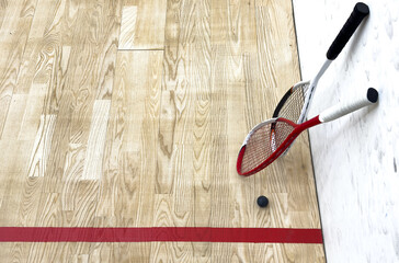 Squash Racket and Ball Sport Played by Two or Four Players. Court Floor and the Rockets