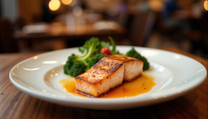 wallpapers A beautifully plated grilled salmon fillet served with fresh vegetables and sauce. The dish showcases culinary art and presentation. AI generated