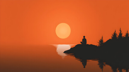 Fototapeta premium A simplistic line art of a person sitting on a rock, looking out at a sunset over a calm lake. Minimalist sunset view with traveler.