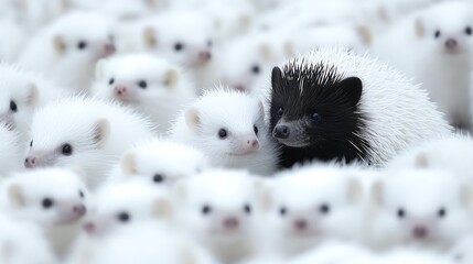 Fototapeta premium A stunning scene featuring a black hedgehog among a crowd of white hedgehogs in a serene environment.