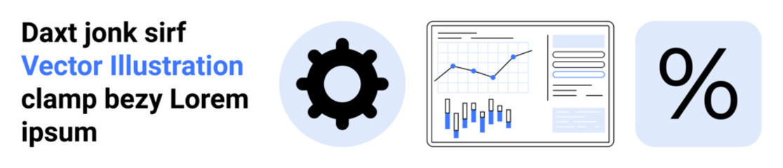 Cogwheel, bar and line graph, and percentage symbol. Ideal for business analytics, data presentation, financial reporting, technical processes, economic analysis, productivity tools, educational