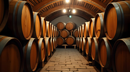Oak barrels for wine or cognac storage, neatly stacked in a cool cellar of a distillery. Traditional production of craft beer or brandy. Winery and winemaking process. Wine aging in barrels. Ideal bac
