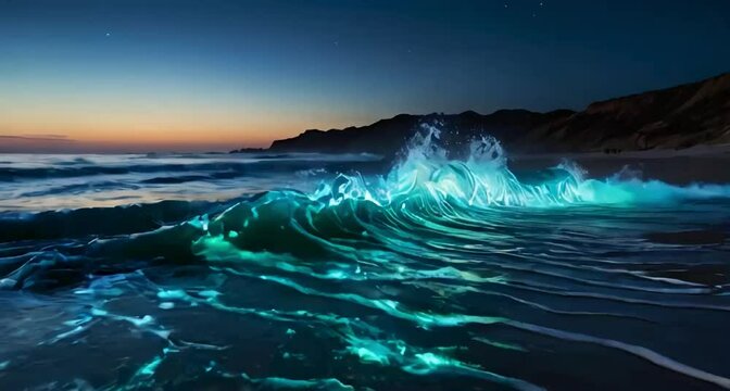 Realistic, Bioluminescent waves crashing on the beach shore, night-time ethereal glow, photorealistic water texture