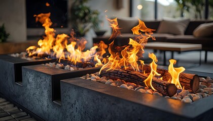 Obraz premium Modern fireplace in elegant setting with bright flames, perfect for cozy home design