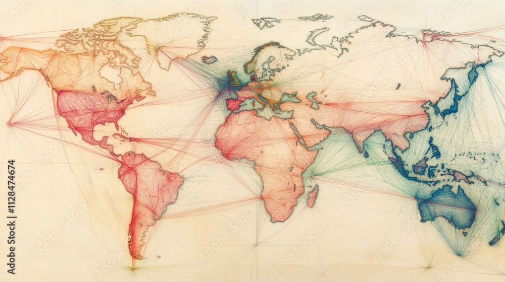 Poster colorful world map visualization with network overlay effects