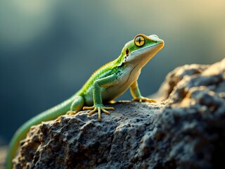 Fototapeta premium Green gecko perched on sunlit rock 