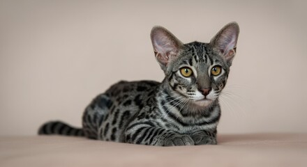 Elegant bengal cat resting on soft surface with piercing eyes