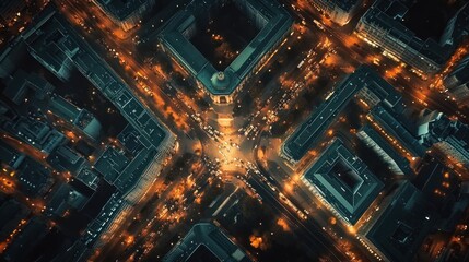 Obraz premium Aerial view of a bustling city intersection illuminated at night.
