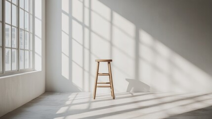 A simple wooden stool in a sunlit room with shadows cast by large windows.