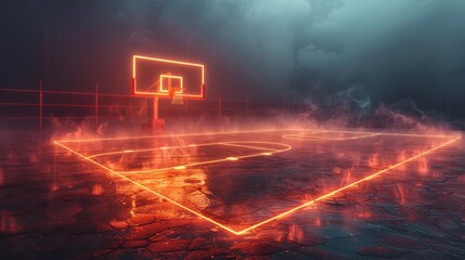 Obraz premium Glowing neon basketball court with fire and smoke effects at night.