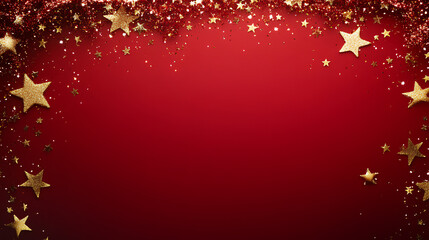 A festive red Christmas background with stars snowflakes and holiday decorations featuring a Christmas tree