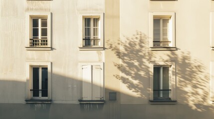 Parisian modern building, minimalist facade, facing a wall with windows and doors, warm sunlight, tranquil urban scene, no people around.