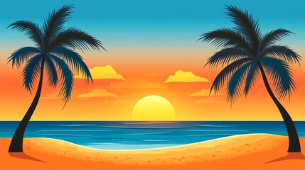 Obraz premium Evening on the beach with palm trees. An evening on the beach with palm trees. Colorful picture for rest. Blue palm trees at sunset. Orange sunset in the blue sky. Palmeny island. Summer sunset agains