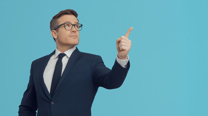 Strategic Vision: Confident businessman in suit pointing upwards, showcasing leadership and innovative thinking against a vibrant blue background.  