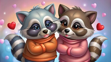 Fototapeta premium Adorable raccoon duo wearing cozy red scarves, captured with warm bokeh lights in the background. The charming animals create a heartwarming and festive atmosphere, ideal for seasonal or wildlife them
