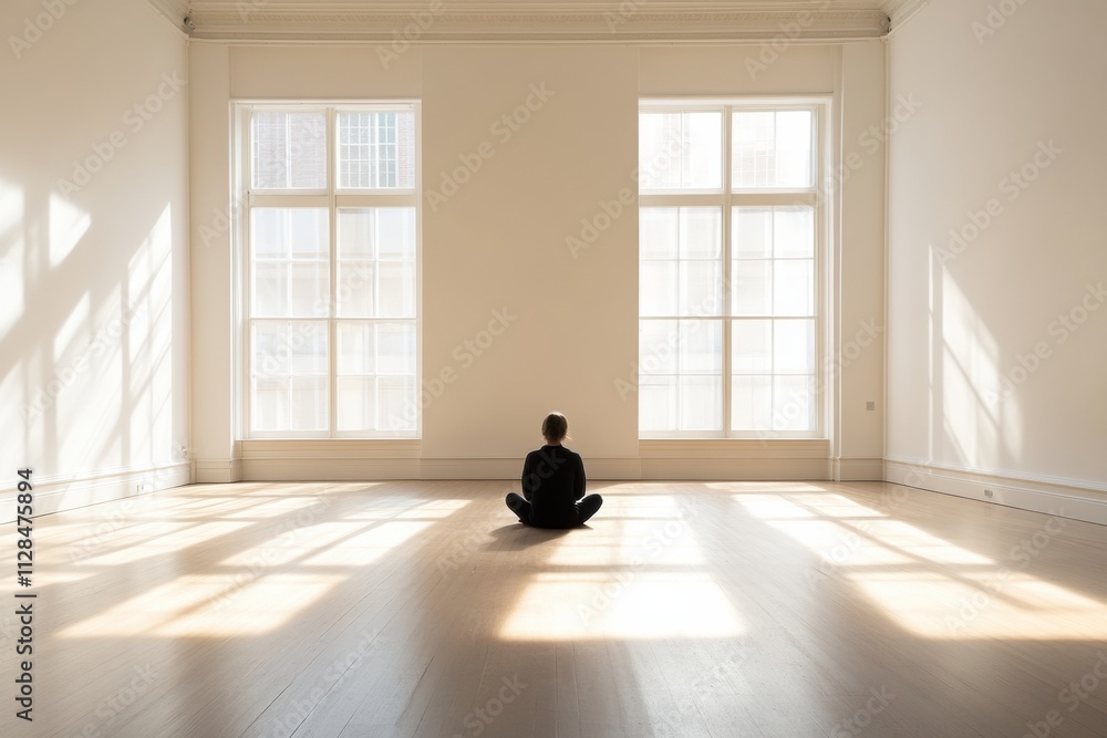 Aufkleber a solitary figure sits cross-legged on the floor of a vast, empty gallery illuminated by soft daylig