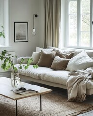 Fototapeta premium Serene Living Room Interior Design with Neutral Tones and Natural Light