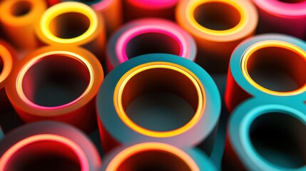 A vibrant arrangement of colorful cylindrical shapes with glowing edges.