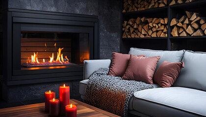 Cozy modern living room, red candles and firelight, perfect for autumn and winter themes