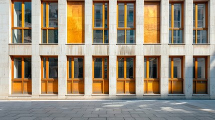 Parisian modern minimalist architecture, full wall with windows and doors, bathed in warm sunlight, serene urban scene, no people visible.