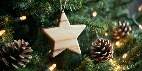 Festive Wooden Star Ornament on a Lush Christmas Tree