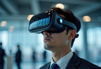 A businessman wearing a VR headset, exploring virtual reality.