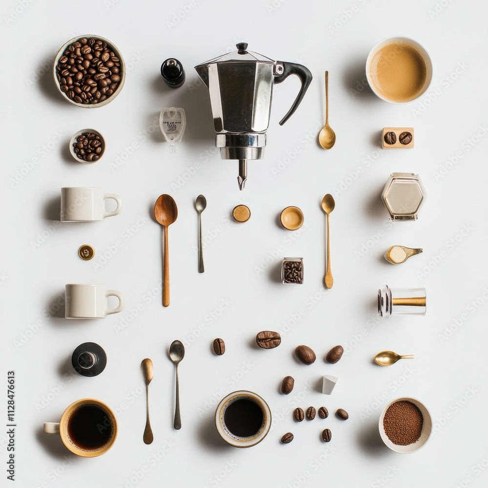 Poster a flat lay setup showcases coffee beans, elegant cups, and spoons surrounding a coffee maker, design
