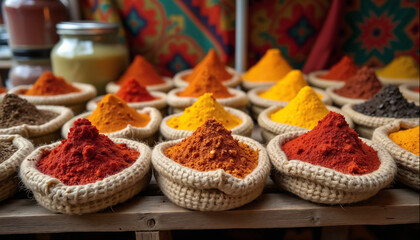 Fototapeta premium wallpapers A collection of colorful spices arranged in bowls showcasing rich hues of red, yellow, and orange. Perfect for culinary inspiration and decoration. AI generated.