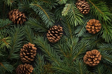 Fototapeta premium A top-down view of green pine branches and cones, winter christmas background