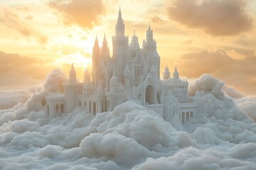 A white castle stands majestically on clouds in a golden sunset. © Liza