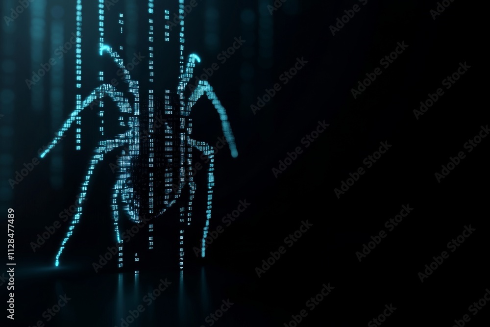 Poster digital cyber insect: glowing abstract matrix code in blue light