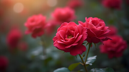 Fototapeta premium A stunning rose bush with a soft, blurred background. Enigmatic and magical flower. A luxurious and romantic backdrop. A sophisticated symbol of love and passion, perfect for Women's Day, Valentine's 