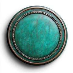 Elegant round teal decorative panel with intricate bronze accents and textured finish, AI